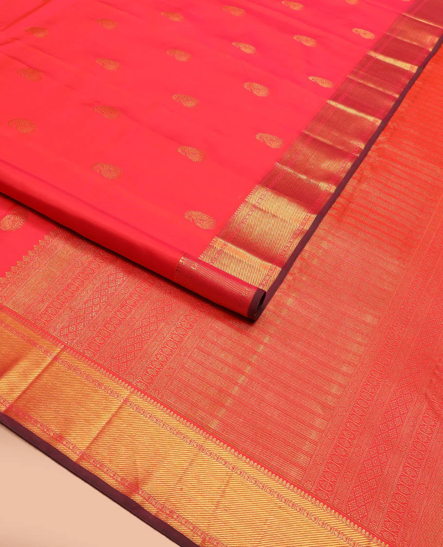 Red manga buttas Kanchipuram silk saree, zari border of thilakam mokku, zari stripes, and manga designs, and geometric patterned pallu - Image 2