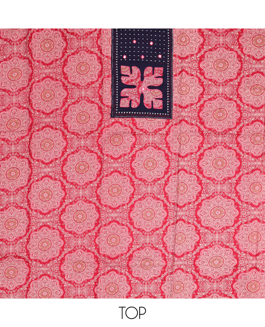 Red Material Chudidar Set, Decked Up with Intricately Printed and Neck Work on Cotton Top, a Contrast Plain Cotton Bottom, and Paired with a Warli-Printed Cotton Dupatta - Image 2