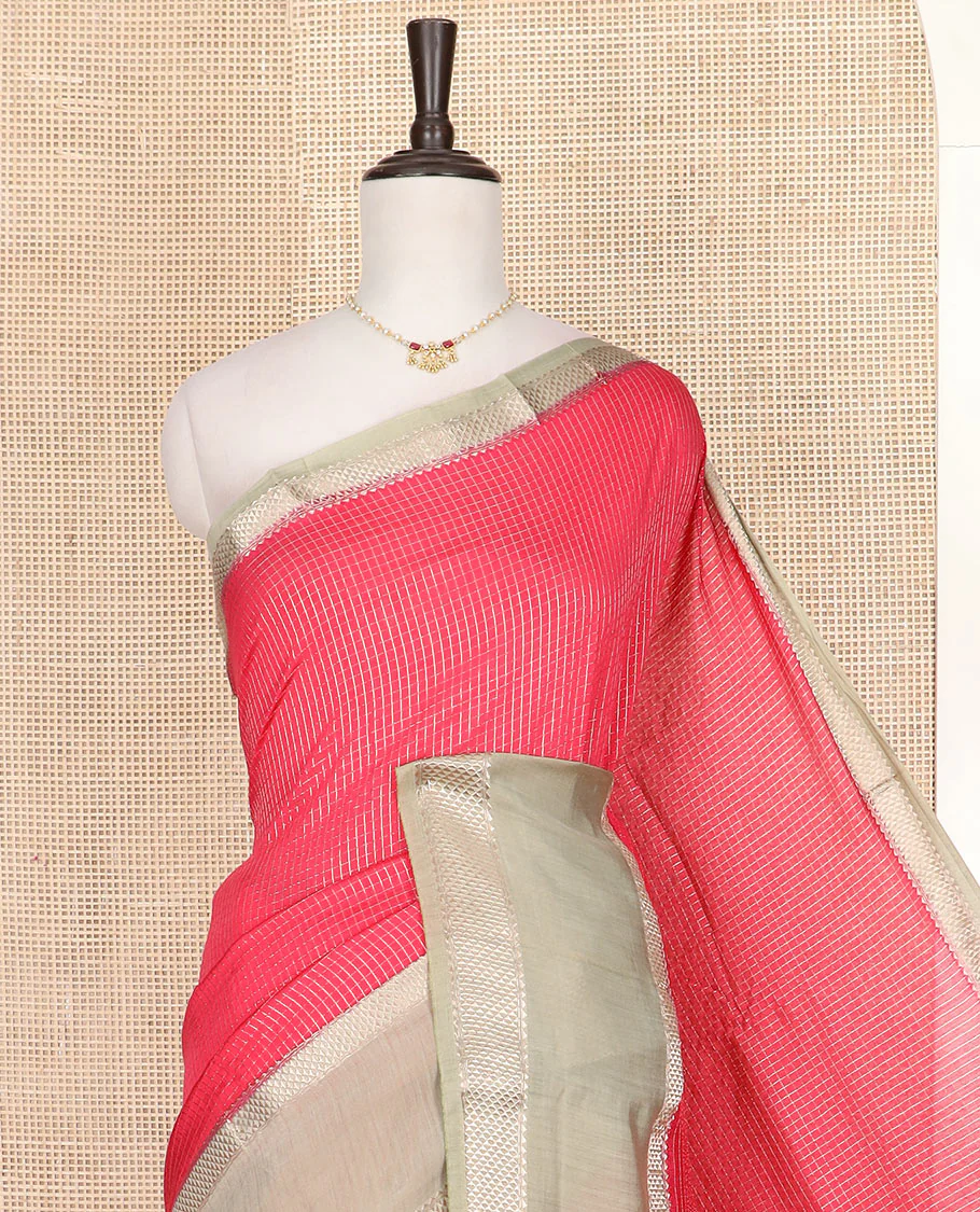Red micro-checked assam silk saree, contrast traditional zari design border, and zari striped pallu - Image 2