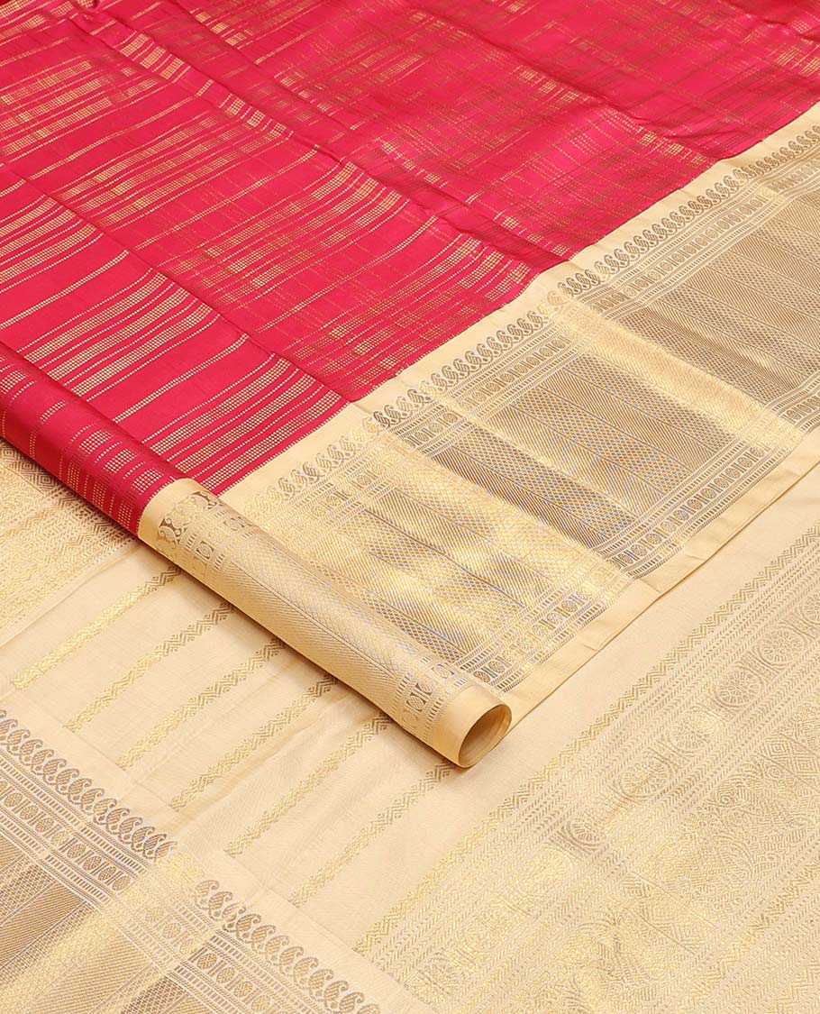 Red muthu striped Samudrika silk saree, contrast border of manga mokku, muthu, poun, and mayli kann designs, and zari design pallu - Image 2