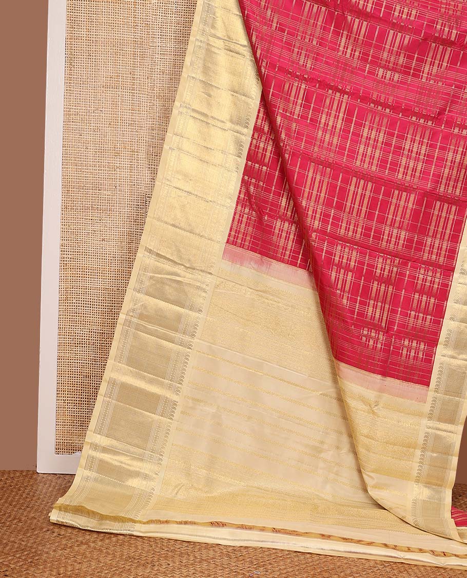 Red muthu striped Samudrika silk saree, contrast border of manga mokku, muthu, poun, and mayli kann designs, and zari design pallu - Image 3