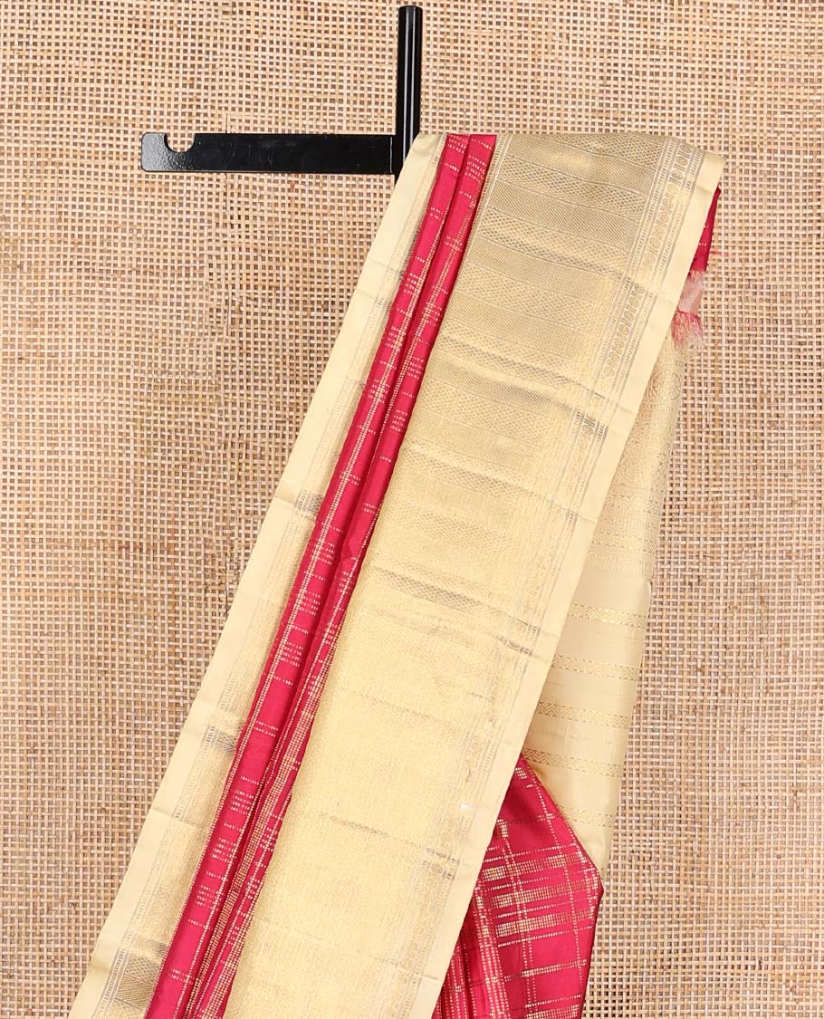 Red muthu striped Samudrika silk saree, contrast border of manga mokku, muthu, poun, and mayli kann designs, and zari design pallu - Image 4