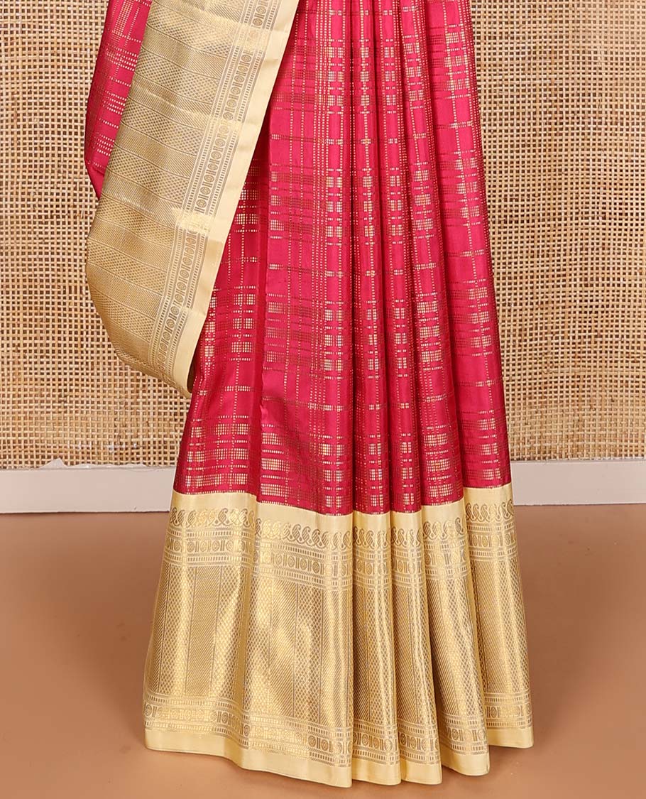Red muthu striped Samudrika silk saree, contrast border of manga mokku, muthu, poun, and mayli kann designs, and zari design pallu - Image 5