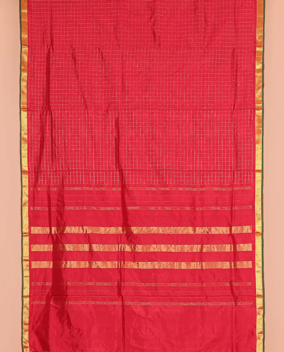 Red muthu zari kattam nine-yard silk saree, zari Muthu design border, and pallu of zari designs - Image 2