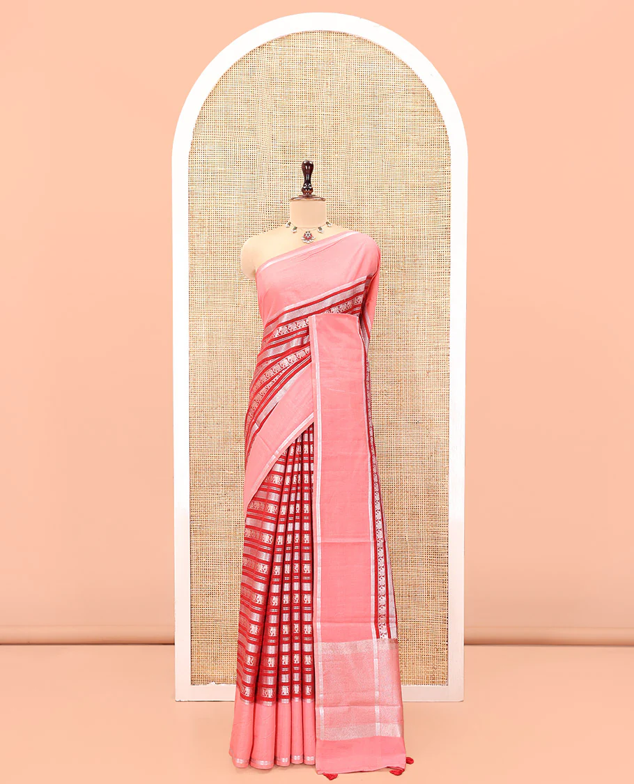 Red Organza Saree, Richly Zari Detailed with Geometric and Elephant Motifs All Over Its Body, Complemented by Captivating Contrast Zari Border, Zari Decked Up Pallu, and Paired with a Contrast Blouse - Image 3