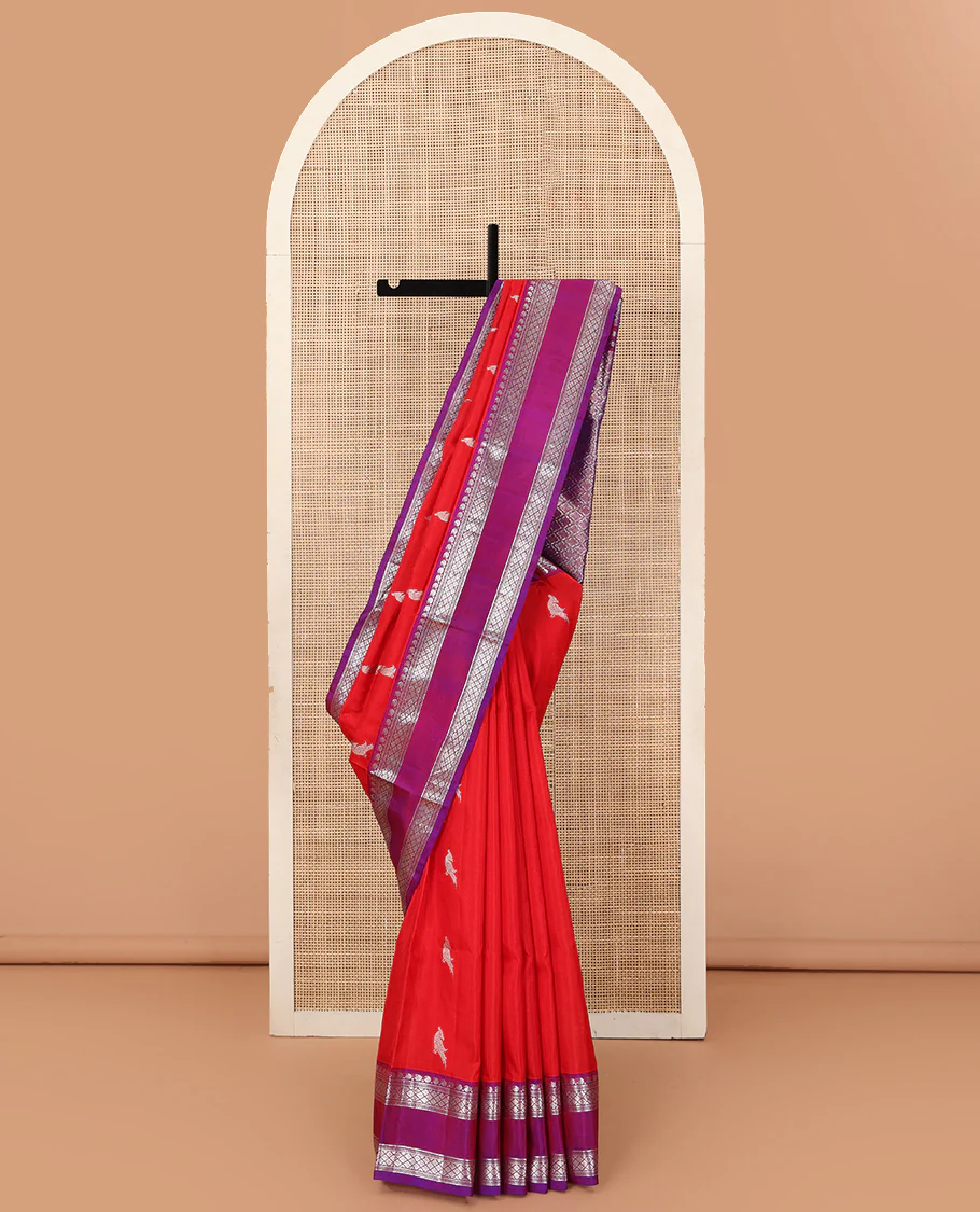 Red parrot buttas Venkatagiri silk saree, contrast rettai pettu traditional zari border, and pallu of jaal design