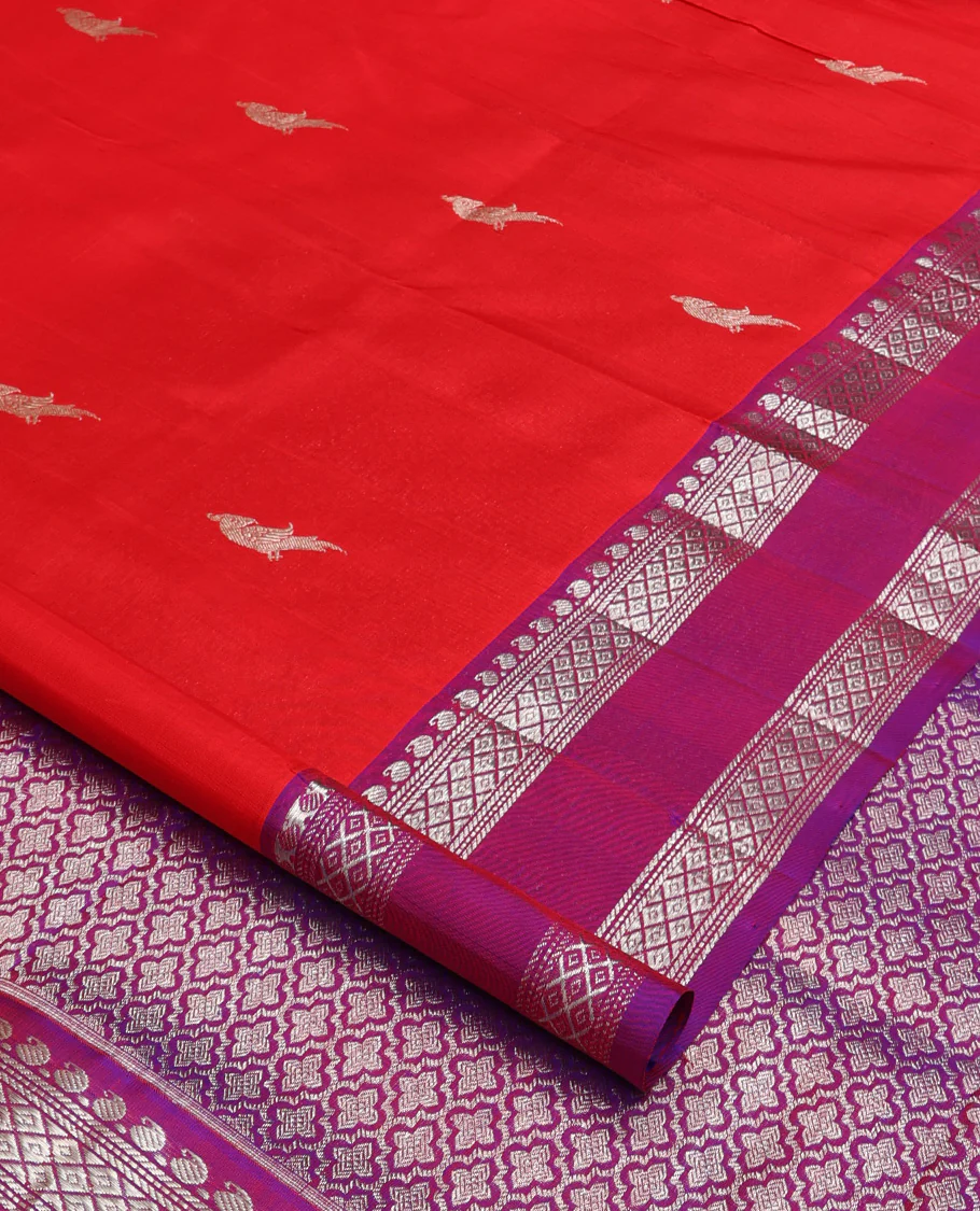 Red parrot buttas Venkatagiri silk saree, contrast rettai pettu traditional zari border, and pallu of jaal design - Image 2