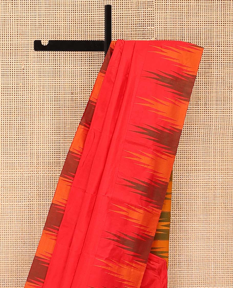 Red plain Bangalore silk saree, contrast temple border, and pallu of stripes and temple design - Image 3