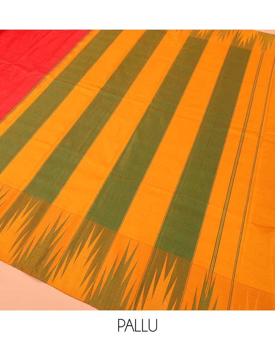 Red plain Bangalore silk saree, contrast temple border, and pallu of stripes and temple design - Image 5