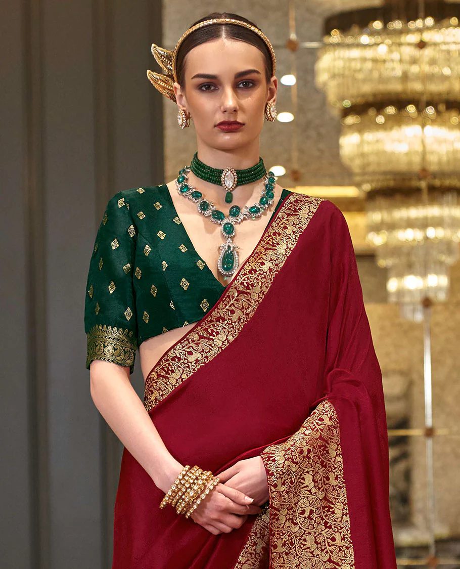 Red plain designer saree, self-border, and animal motifs woven pallu - Image 2