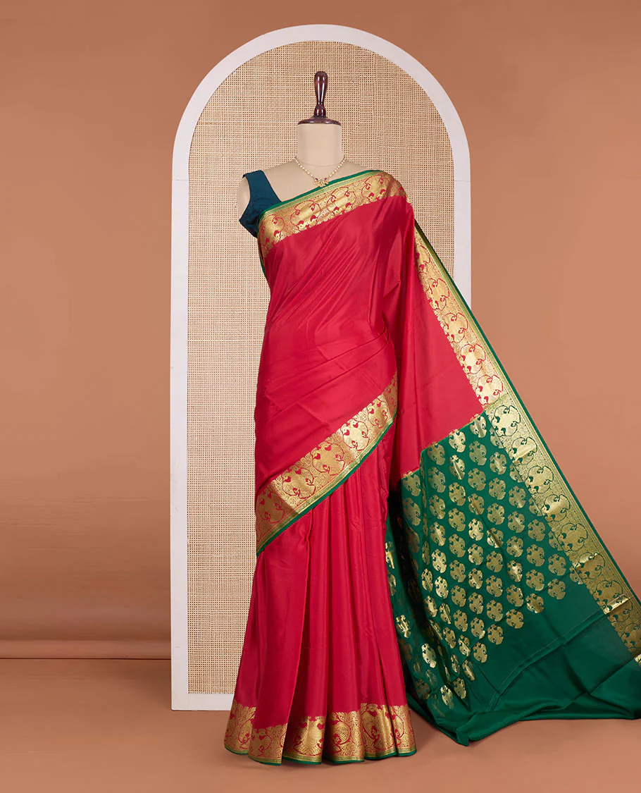 Red plain Mysore silk saree, contrast zari border of two-headed eagle motifs, and pallu steeped with two-headed eagle motifs - Image 2