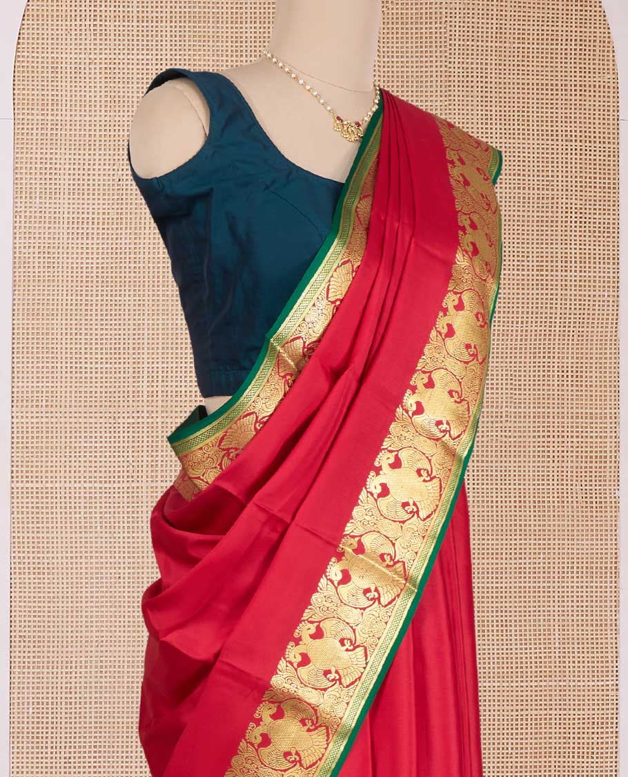 Red plain Mysore silk saree, contrast zari border of two-headed eagle motifs, and pallu steeped with two-headed eagle motifs - Image 3
