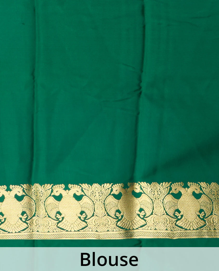 Red plain Mysore silk saree, contrast zari border of two-headed eagle motifs, and pallu steeped with two-headed eagle motifs - Image 5