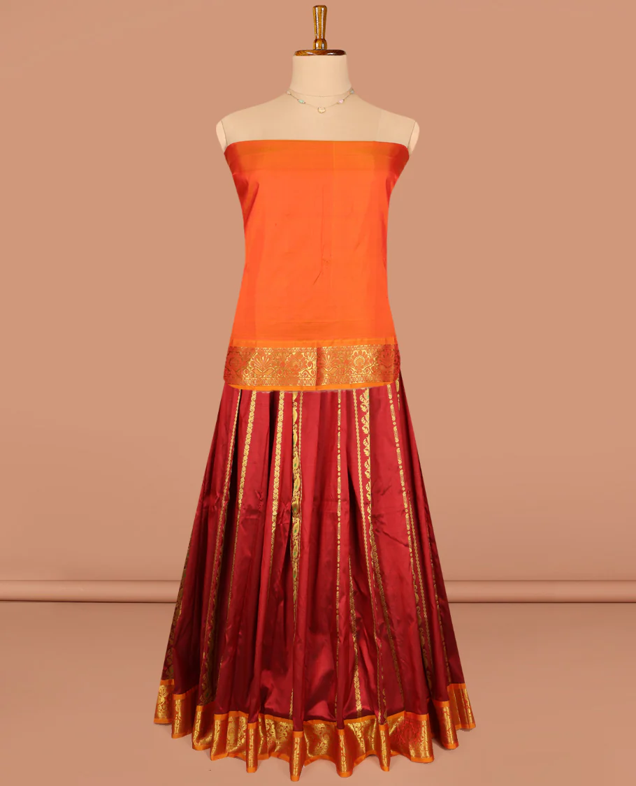 Red Pure Silk Half-Saree, Bedecked with Zari Designs on Its Body, Complemented by a Contrast Floral Zari Design Border, Complemented by a Contrast Blouse, and Paired with a Contrast Dhavani of Jaal Designs - Image 3