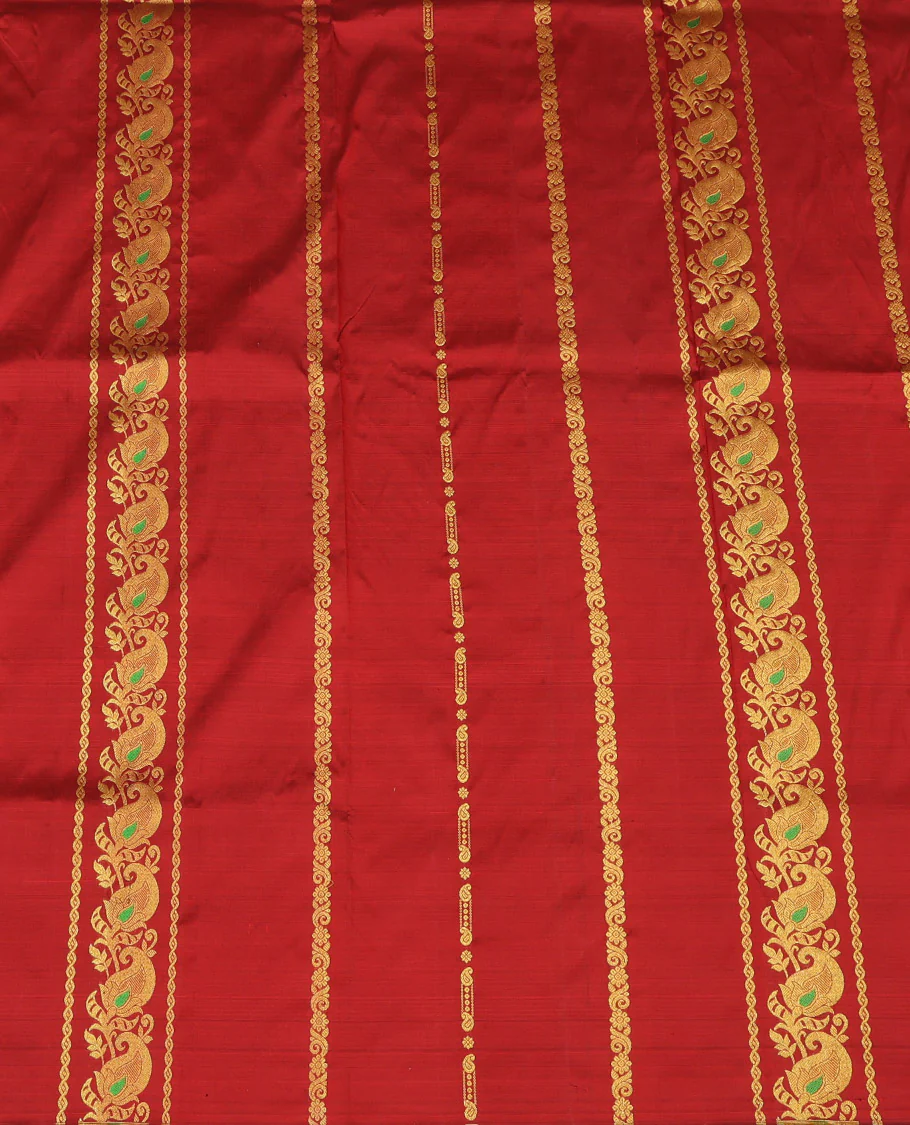 Red Pure Silk Half-Saree, Bedecked with Zari Designs on Its Body, Complemented by a Contrast Floral Zari Design Border, Complemented by a Contrast Blouse, and Paired with a Contrast Dhavani of Jaal Designs - Image 4