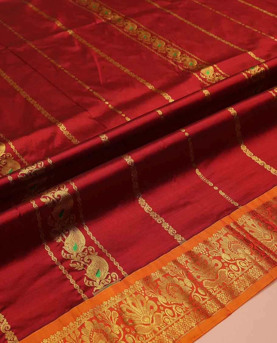 Red Pure Silk Half-Saree, Bedecked with Zari Designs on Its Body, Complemented by a Contrast Floral Zari Design Border, Complemented by a Contrast Blouse, and Paired with a Contrast Dhavani of Jaal Designs - Image 5