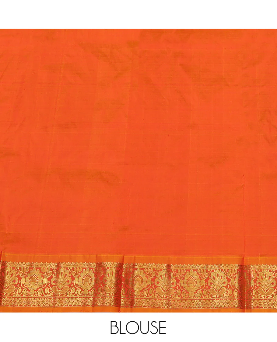 Red Pure Silk Half-Saree, Bedecked with Zari Designs on Its Body, Complemented by a Contrast Floral Zari Design Border, Complemented by a Contrast Blouse, and Paired with a Contrast Dhavani of Jaal Designs - Image 7