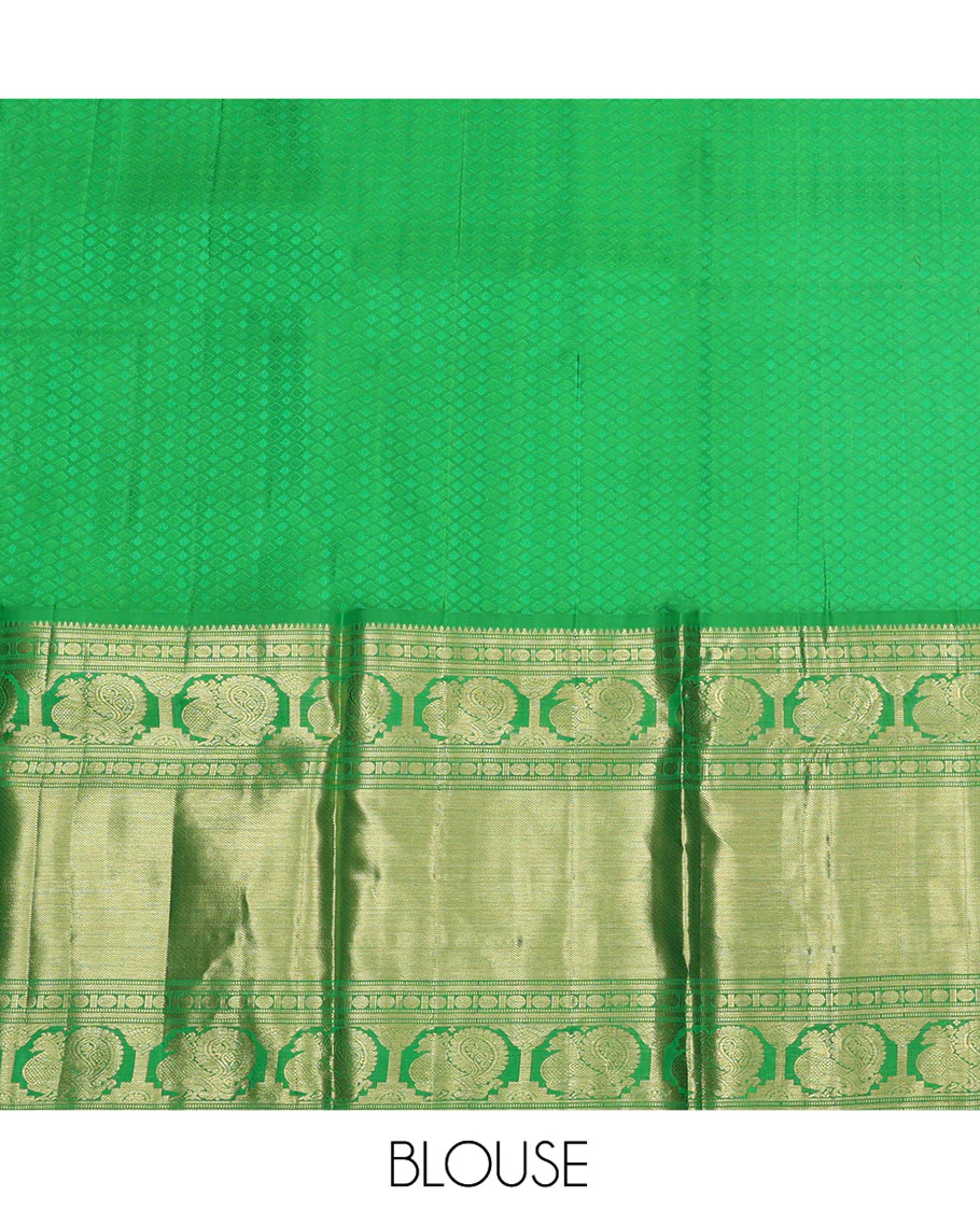 Red Pure Silk Half-Saree, Boldly Accentuated with Jacquard Design on Its Skirt, Complemented by a Contrast Border of Rekku, Banaras, Muthu, Rudaksham, and Mayil Designs, Comes with a Contrast Blouse and a Dhavani of Jaal Designs - Image 7