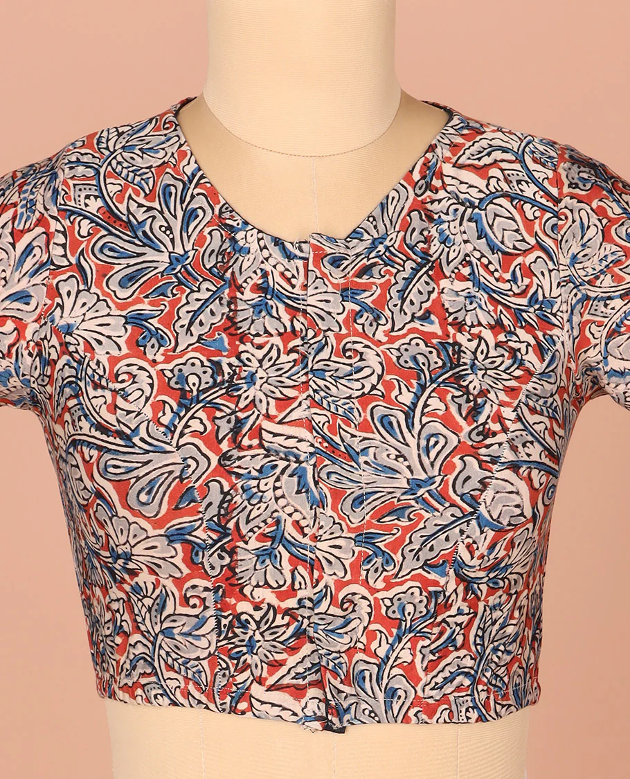 Red Readymade Blouse Detailed with Floral Vine Print, Featuring Front Round Neck, Back Round Neck, and Elbow Sleeves - Image 3