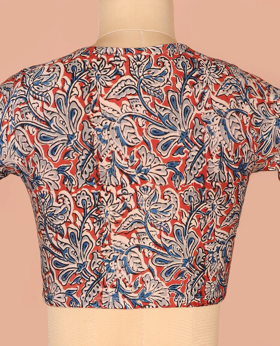 Red Readymade Blouse Detailed with Floral Vine Print, Featuring Front Round Neck, Back Round Neck, and Elbow Sleeves - Image 4