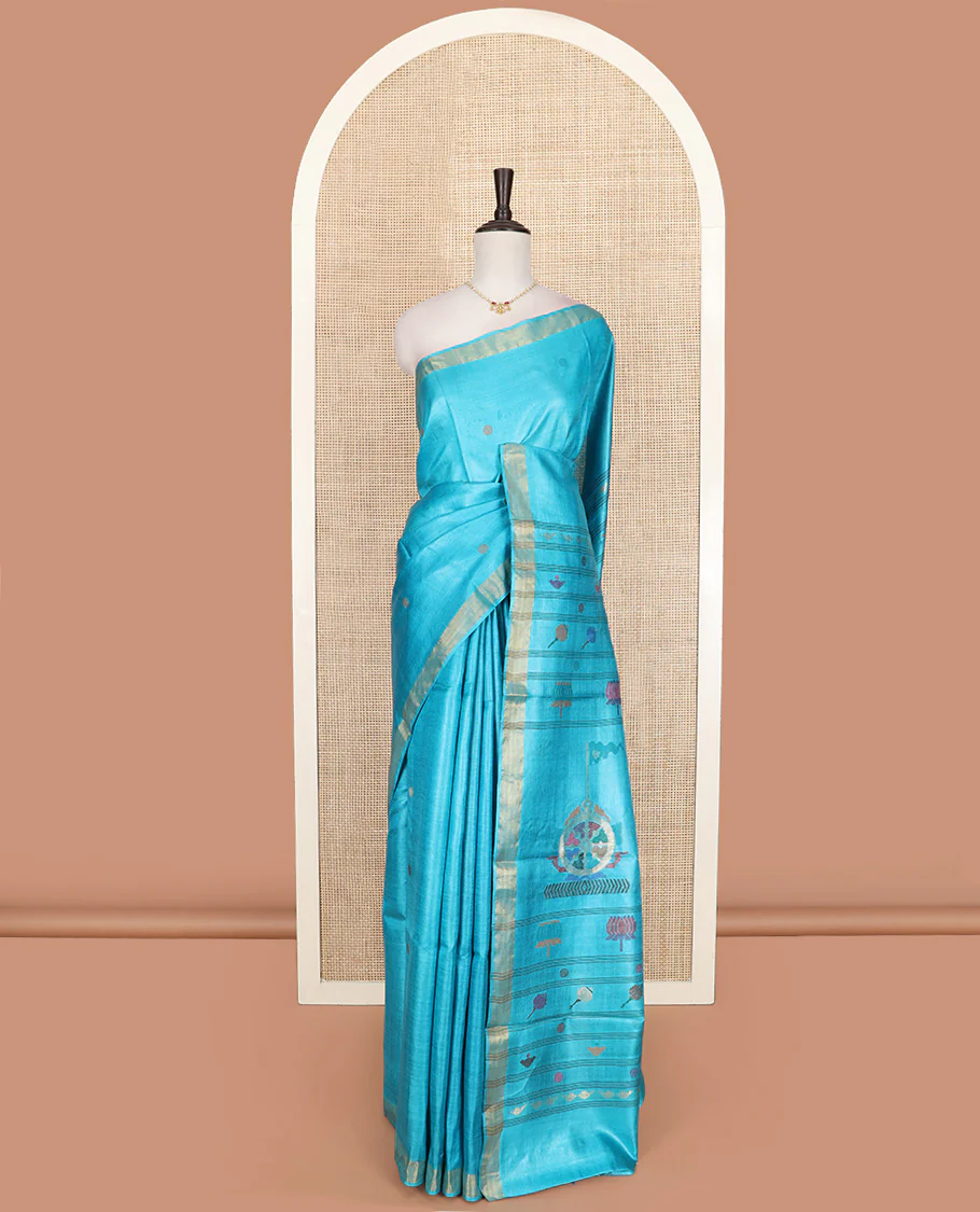 Red rudraksha buttas tussar saree, zari border, and pallu of meena buttas - Image 2