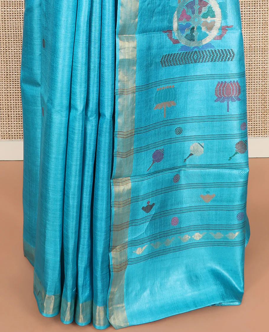 Red rudraksha buttas tussar saree, zari border, and pallu of meena buttas - Image 4