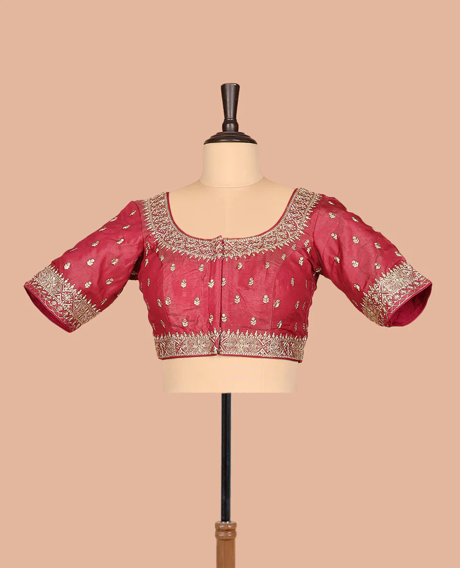 Red thread embroidered front-and-back round elbow-sleeve readymade blouse
