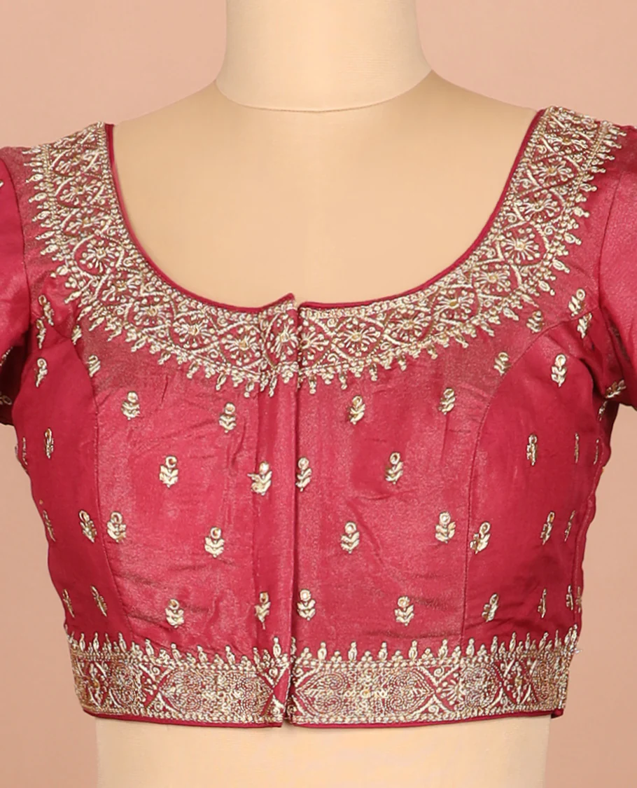 Red thread embroidered front-and-back round elbow-sleeve readymade blouse - Image 2