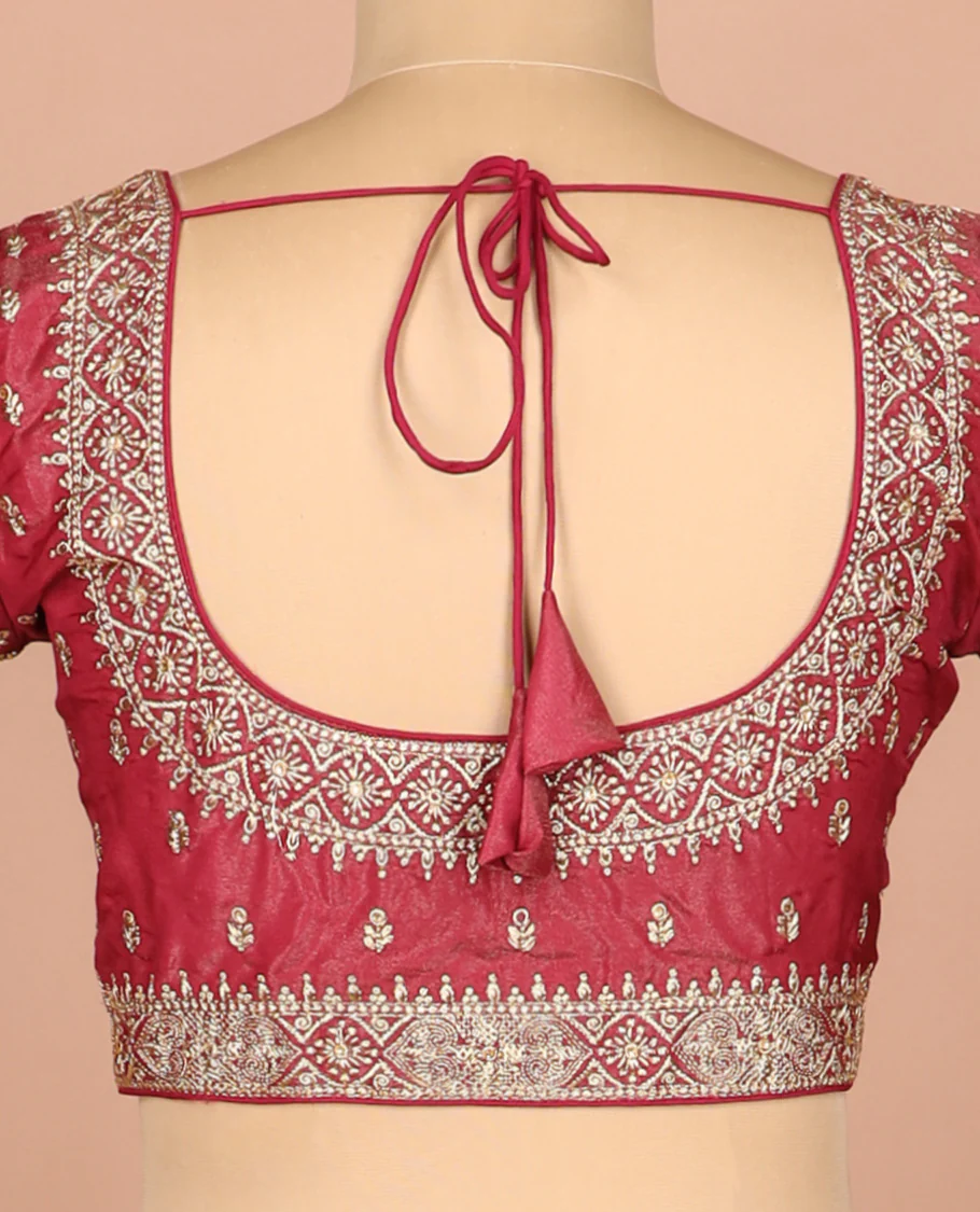 Red thread embroidered front-and-back round elbow-sleeve readymade blouse - Image 4