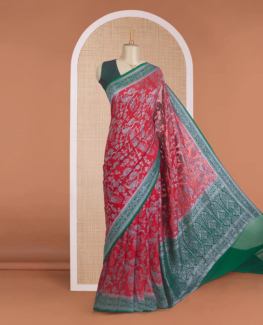 Red tree and peacock design banarasi georgette saree, contrast zari border, and pallu of Mughal style zari designs - Image 2