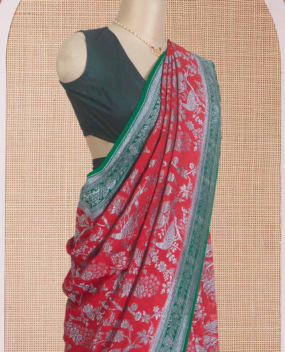 Red tree and peacock design banarasi georgette saree, contrast zari border, and pallu of Mughal style zari designs - Image 3