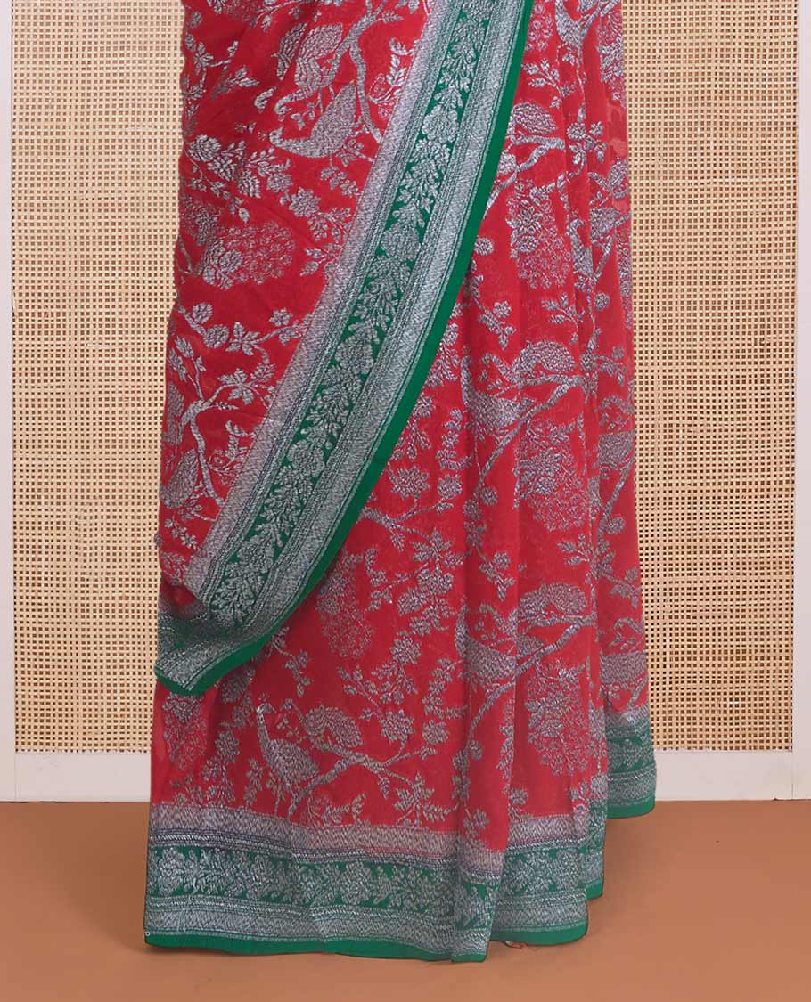 Red tree and peacock design banarasi georgette saree, contrast zari border, and pallu of Mughal style zari designs - Image 4