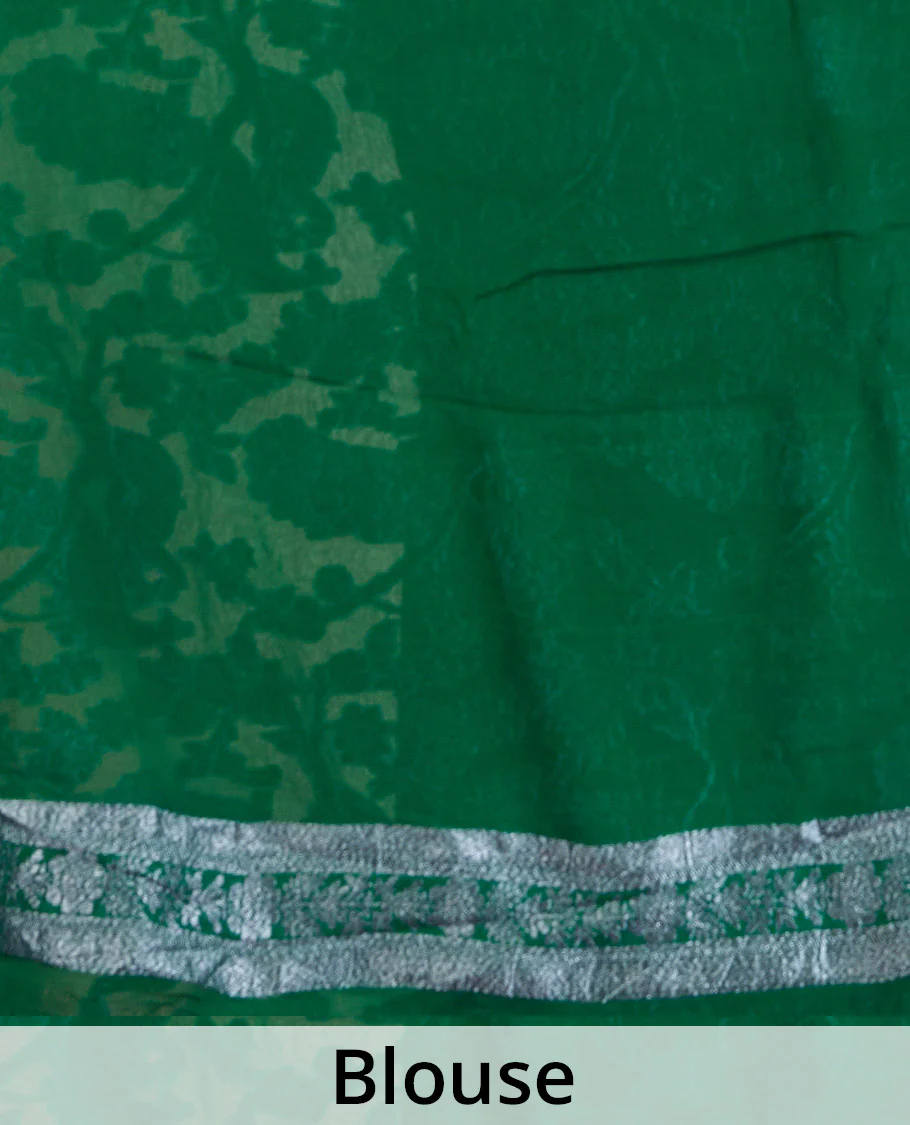 Red tree and peacock design banarasi georgette saree, contrast zari border, and pallu of Mughal style zari designs - Image 5