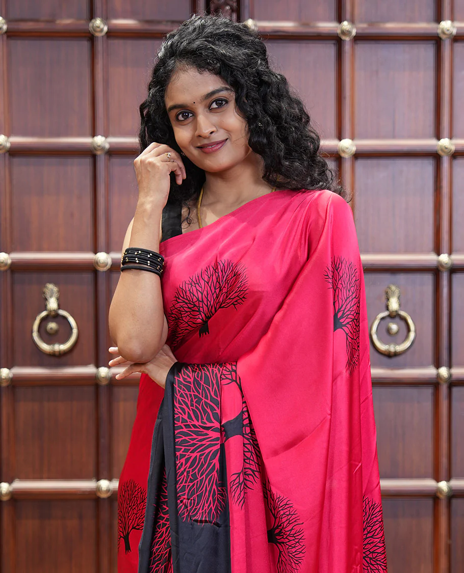 Red tree motifs digitally printed Gajji silk saree with contrast printed border of upside down tree motifs, and contrast printed blouse - Image 2