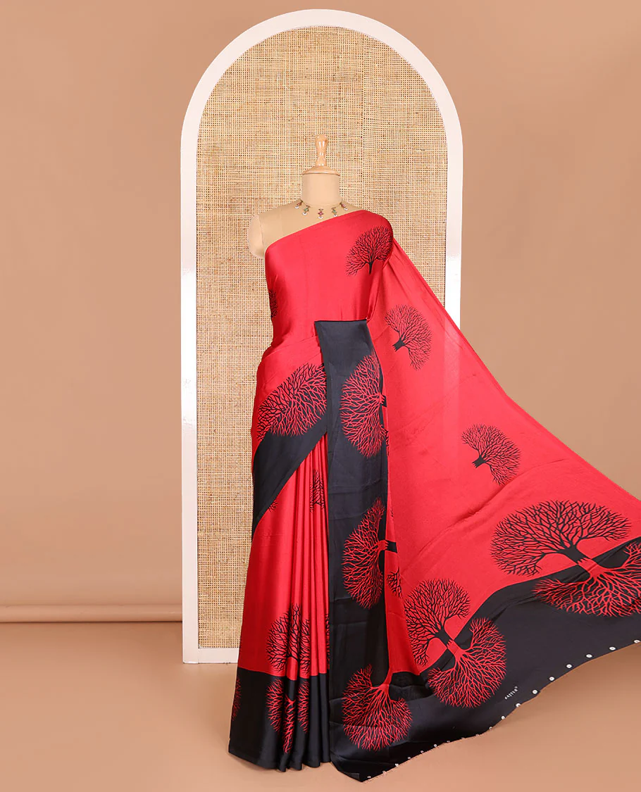 Red tree motifs digitally printed Gajji silk saree with contrast printed border of upside down tree motifs, and contrast printed blouse - Image 3