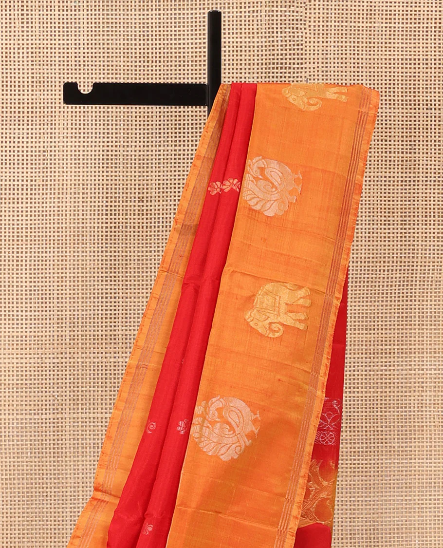 Red Uppada Silk Saree Decorated with Zari Buttas, Captivating Contrast Border Featuring Peacock and Elephant Motifs in Zari, Pallu Adorned with Paisley Butta, Enclosed Jaal Design, and Paired with a Contrast Blouse - Image 3