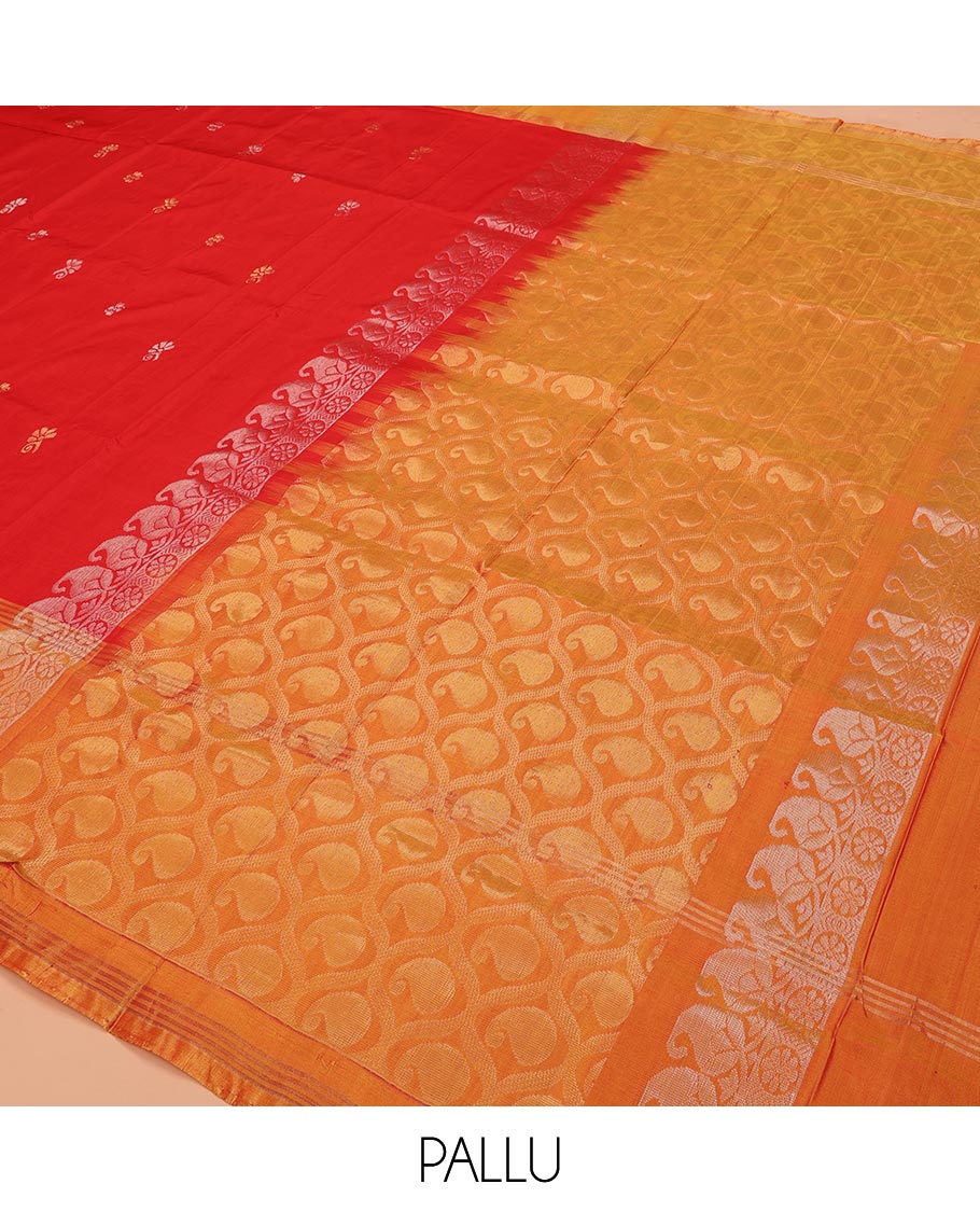 Red Uppada Silk Saree Decorated with Zari Buttas, Captivating Contrast Border Featuring Peacock and Elephant Motifs in Zari, Pallu Adorned with Paisley Butta, Enclosed Jaal Design, and Paired with a Contrast Blouse - Image 5