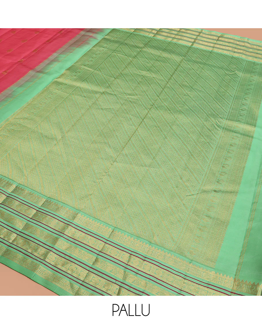Red Vasundhara Silk Saree Subtly Woven with Zari Buttas, Complemented by a Contrast Varisai Pettu Border of Rekku, Mayil, Rudraksham, and Manga Designs, Pallu Adorned with Traditional Designs, and Paired with a Contrast Zari-Bordered Blouse - Image 5