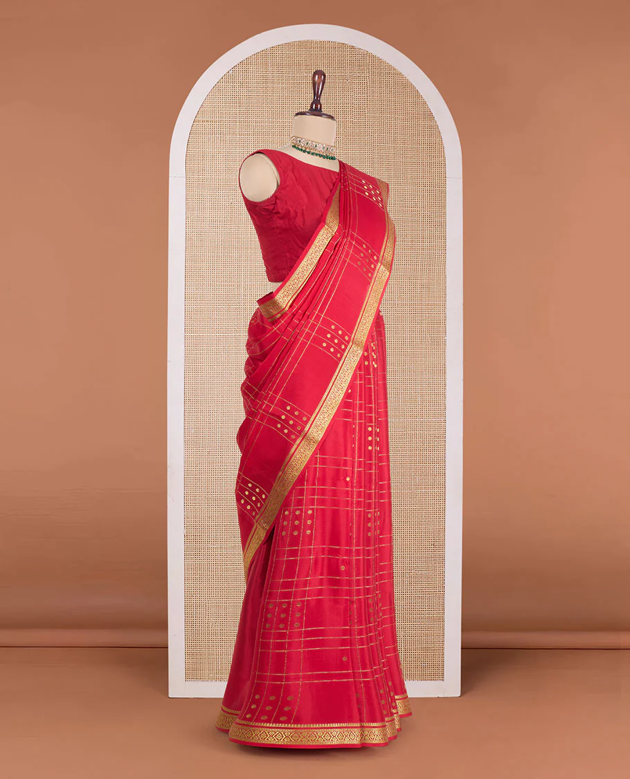 Red zari buttas and checked Mysore silk saree, traditional zari design border, and zari design pallu