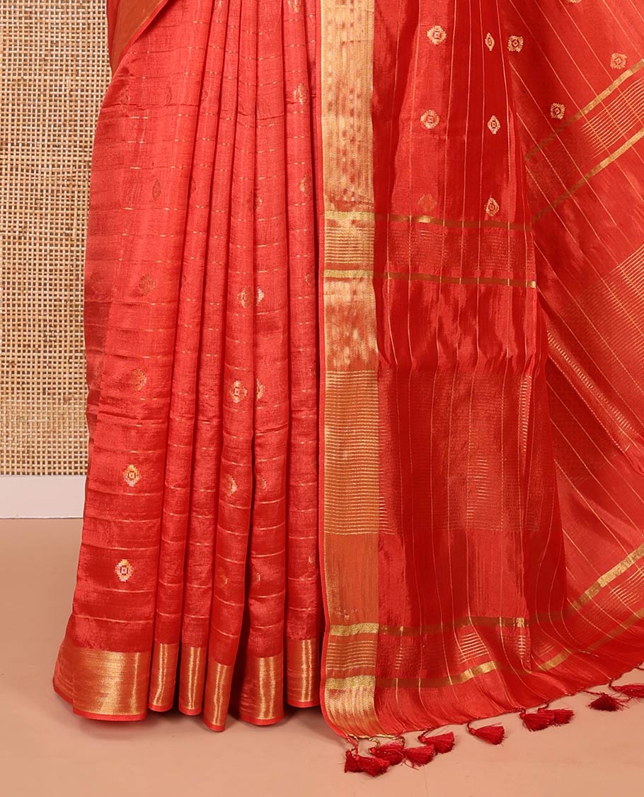 Red zari buttas and striped banana pith saree, bavanji border, zari striped pallu, and a matching blouse - Image 3