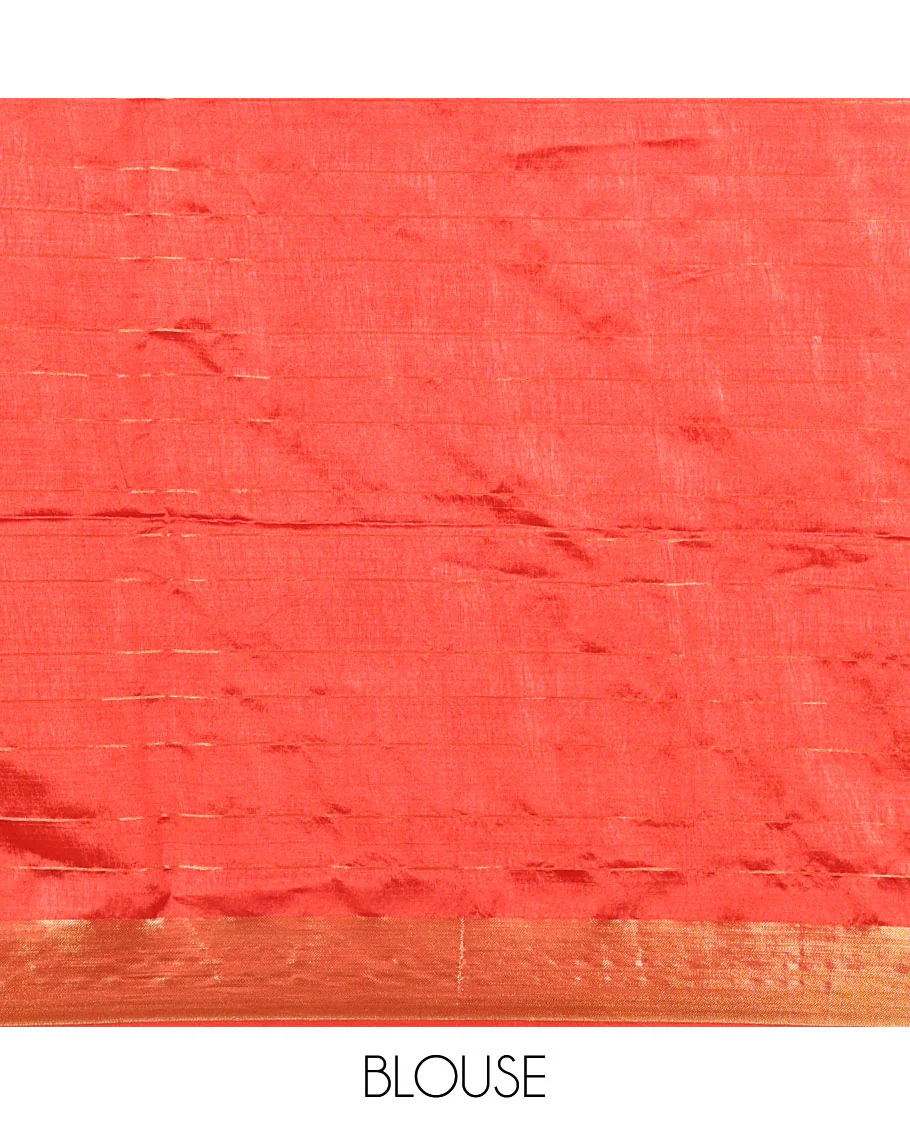 Red zari buttas and striped banana pith saree, bavanji border, zari striped pallu, and a matching blouse - Image 4