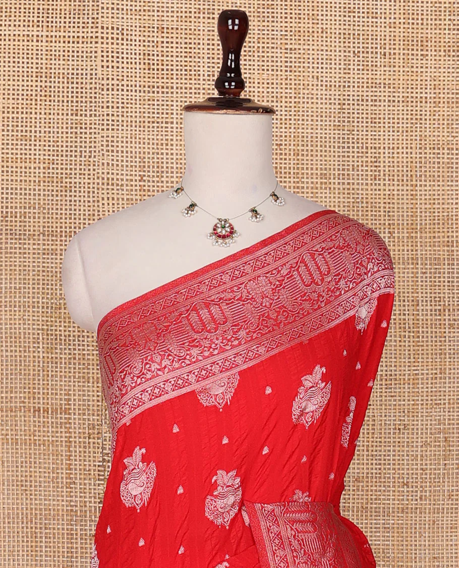 Red zari buttas fancy crepe saree, traditional zari border & intricate pallu - Image 3
