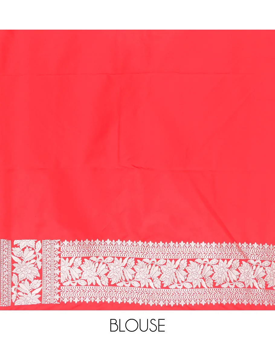 Red zari buttas mushru silk saree, self-border of floral creeper designs, and flower vase buttas woven pallu - Image 4