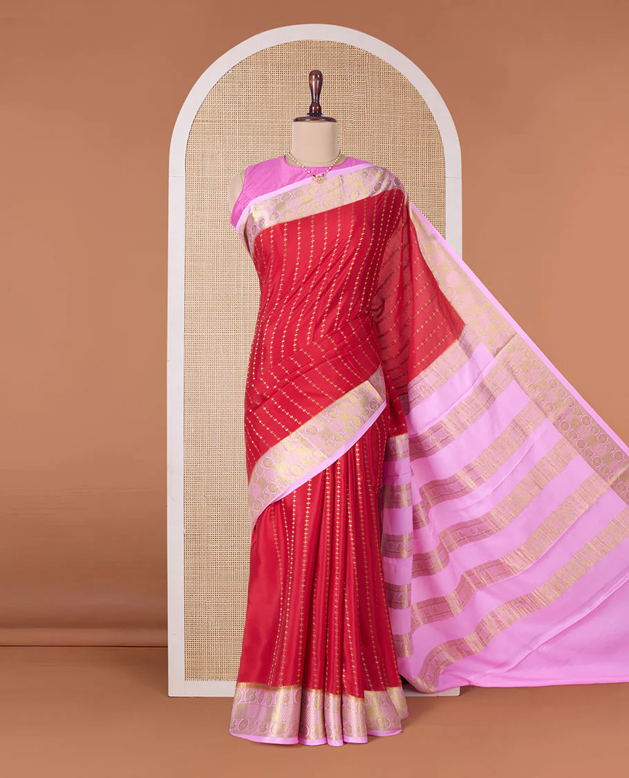 Red zari buttas Mysore silk saree, contrast peacock chakra motifs border, and traditional zari design pallu - Image 2