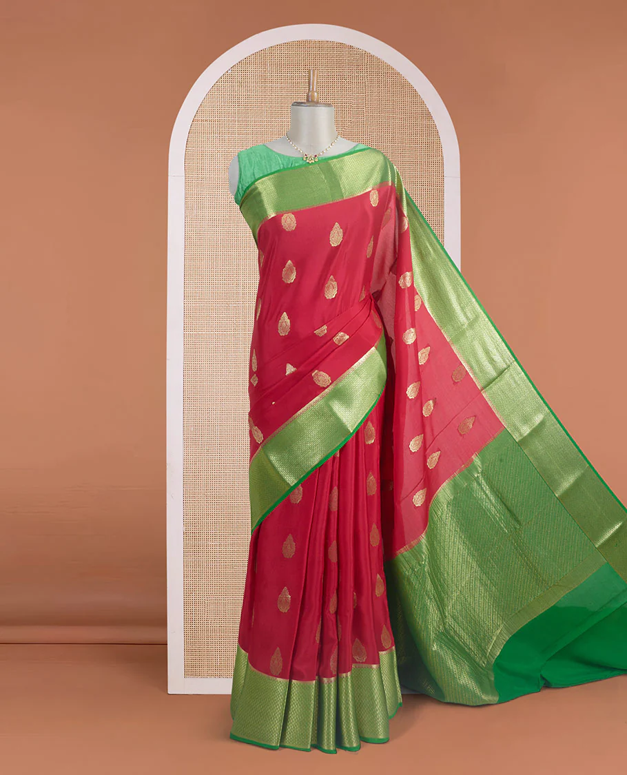Red zari buttas Mysore silk saree, contrast traditional zari border, and pallu of diagonal stripes and geometric patterns in zari - Image 2
