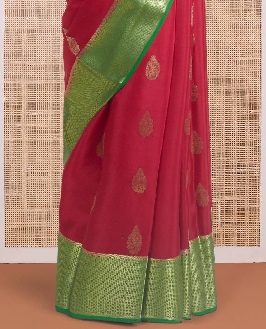 Red zari buttas Mysore silk saree, contrast traditional zari border, and pallu of diagonal stripes and geometric patterns in zari - Image 4