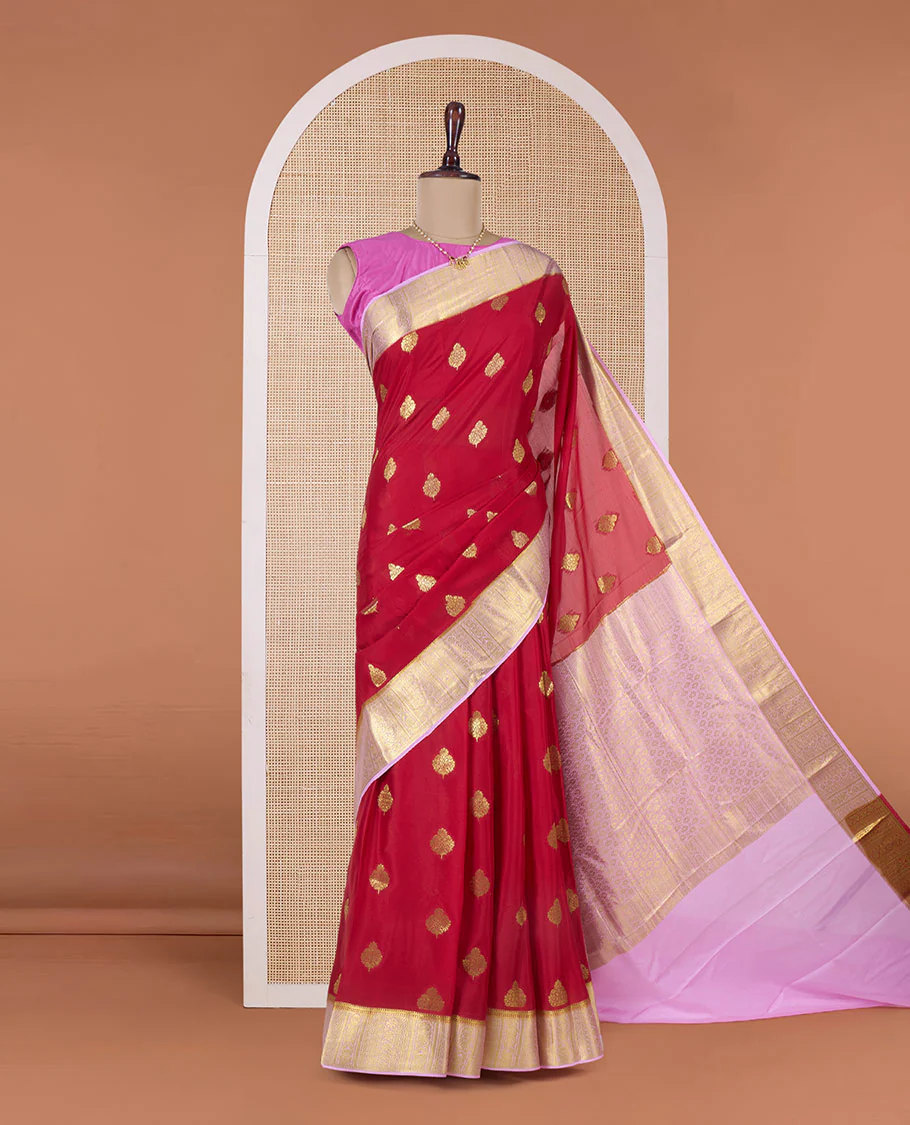 Red zari buttas Mysore silk saree, contrast traditional zari design border, and jaal pallu - Image 2