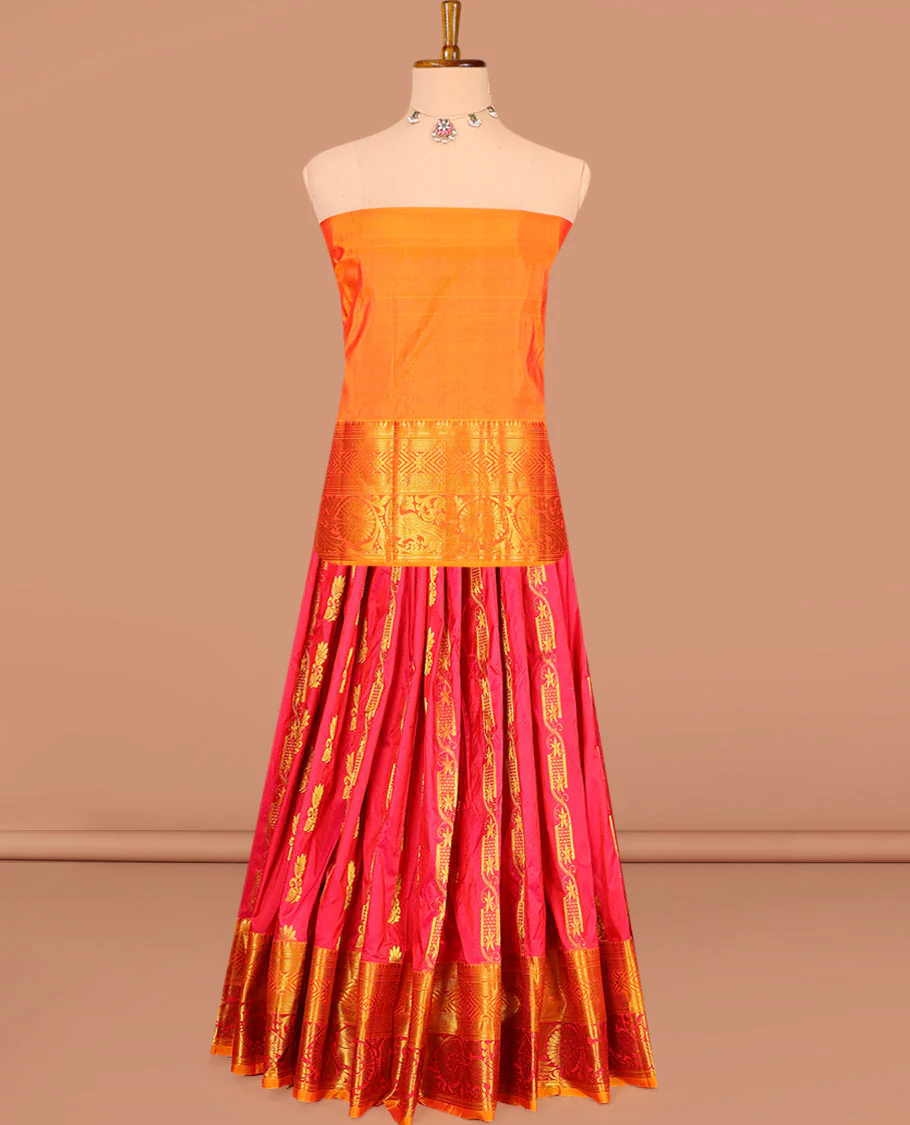 Red zari buttas pure-silk half-saree with contrast border of thilakam mokku, kathir, vanki, floral, and mayil chakram designs, contrast zari bordered blouse, and a jaal dhavani - Image 3