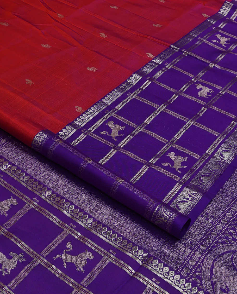 Red zari buttas Venkatagiri silk saree, contrast flora-fauna inspired kanchipuram zari border, and pallu steeepd with traditional designs - Image 2