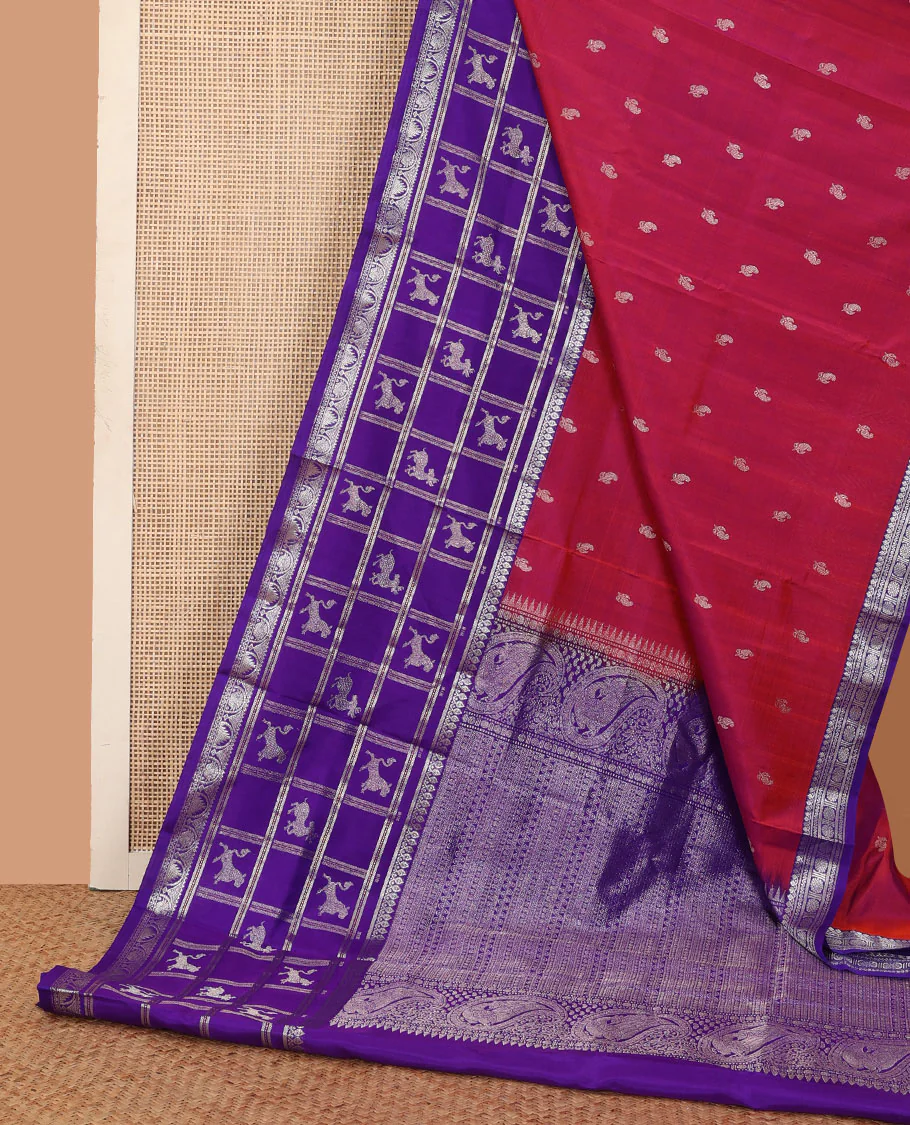 Red zari buttas Venkatagiri silk saree, contrast flora-fauna inspired kanchipuram zari border, and pallu steeepd with traditional designs - Image 3